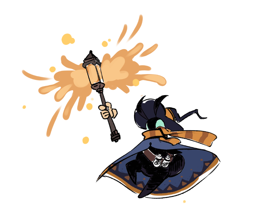 Concept Art for a Moth Wizard holding up a lamp shaped staff and casting a spell.